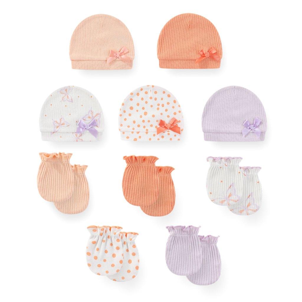KIDDIEZOOM 0-6Months Boys Girls Hats Gloves Set 100% Cotton Soft Caps Mittens Baby Accessories