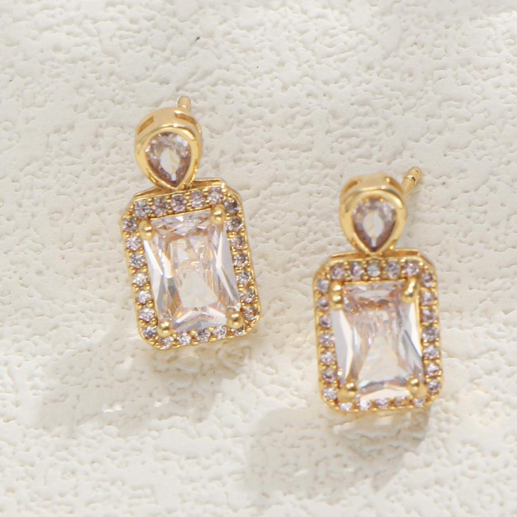 LNCHRAN Copper Cubic Zirconia Paved Rectangular Pendant Stud Earrings for Women - Elegant Golden Design