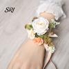 European Forest Style Corsage Rose Bud Wedding Flower Set, Wrist for Bride Bridesmaid Light & Boutonniere Groom Groomsman, Artificial Silk Floral