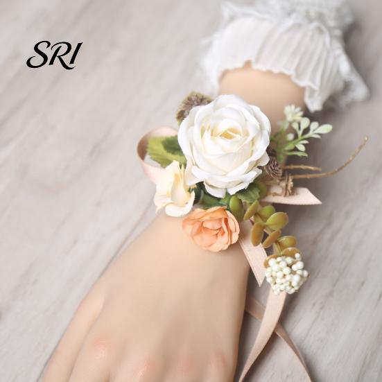 European Forest Style Corsage Rose Bud Wedding Flower Set, Wrist for Bride Bridesmaid Light & Boutonniere Groom Groomsman, Artificial Silk Floral