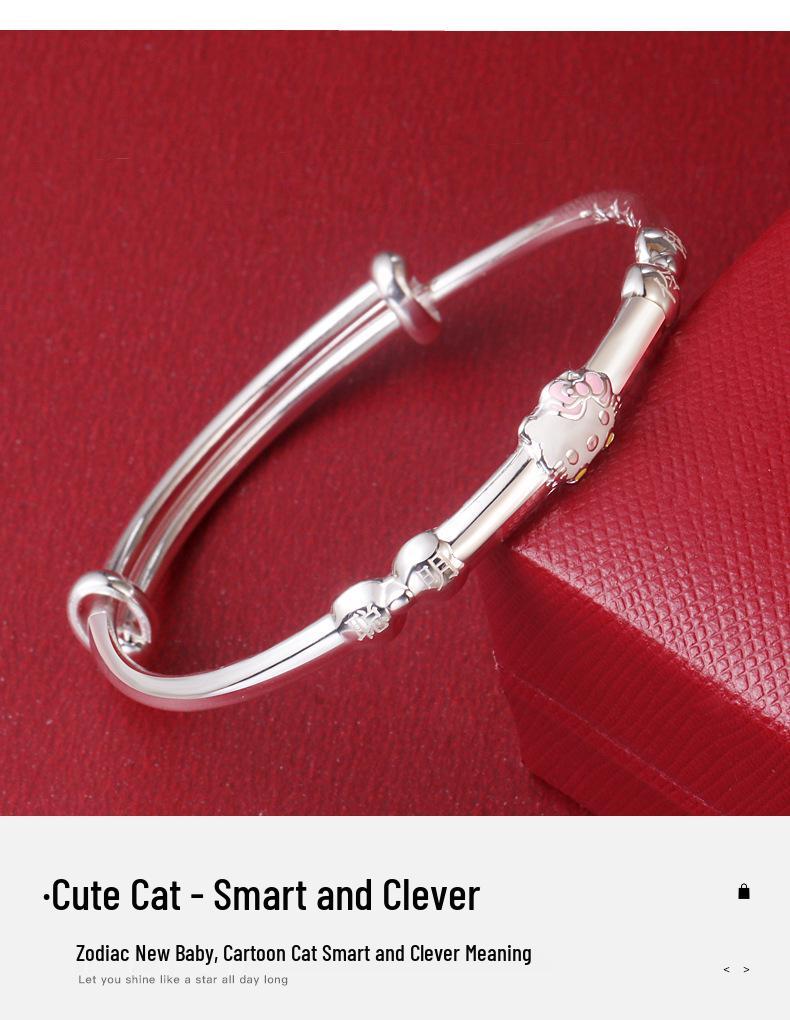 Sterling Silver Kitten Bracelet for Girls (Ages 4-15) - Medium/Large, Perfect for Children's Day