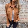 Women Cropped Suede Jacket Lapel Long Sleeve Cargo Pocket Button Zipper Casual Outerwear G399#