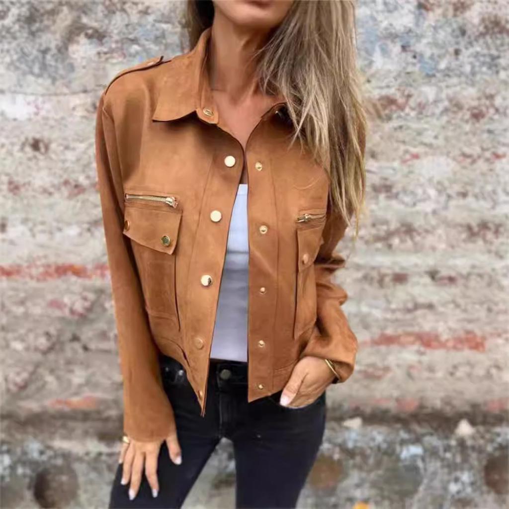 Women Cropped Suede Jacket Lapel Long Sleeve Cargo Pocket Button Zipper Casual Outerwear G399#