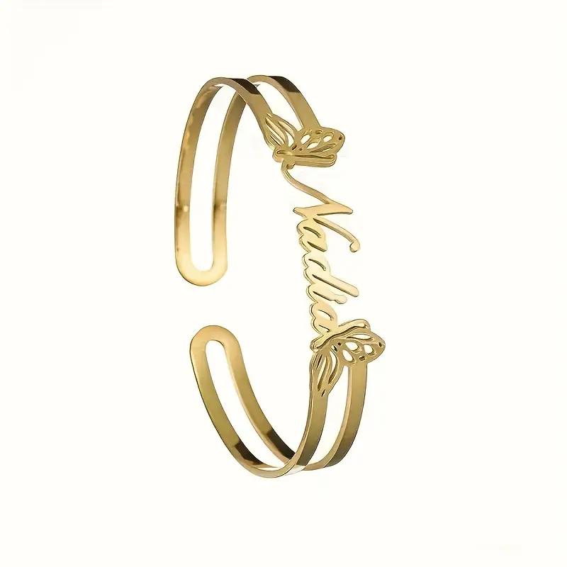 Personalized Custom Two Butterfly With Name Open Cuff Bracelet Women Summer Waterproof Gold Color Stainless Steel Hand Jewelry