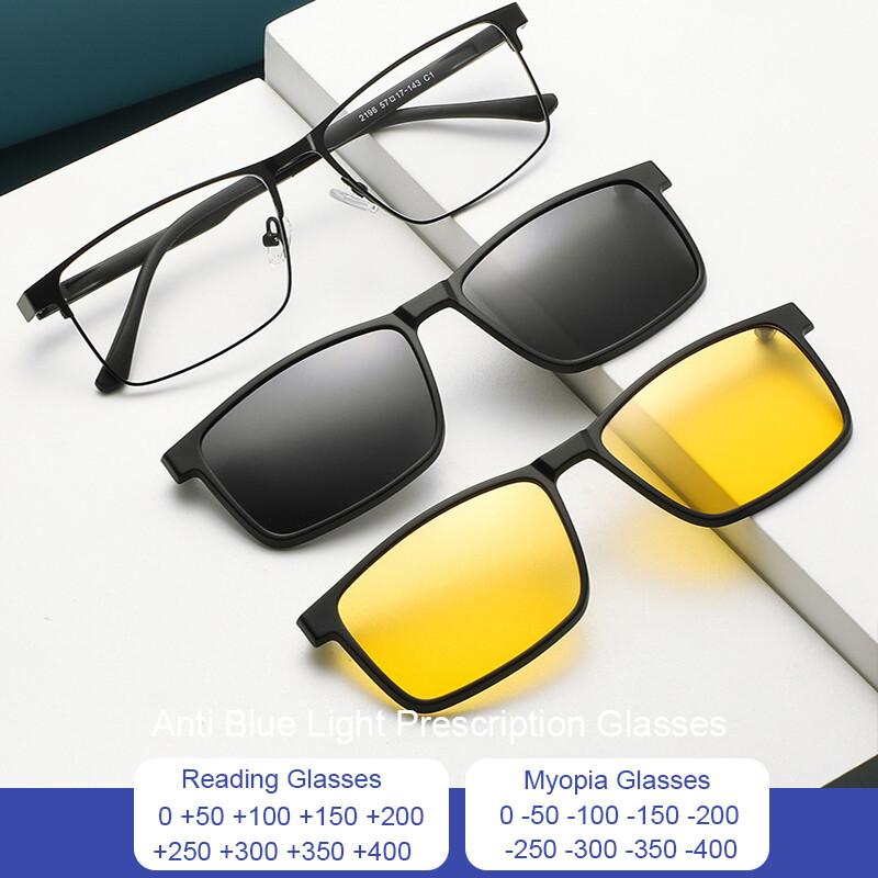 Flip-up Magnetic Clip-on Prescription Glasses 3 in 1 Polarised Myopia Sunglasses Anti Glare Night Vision Reading Glasses