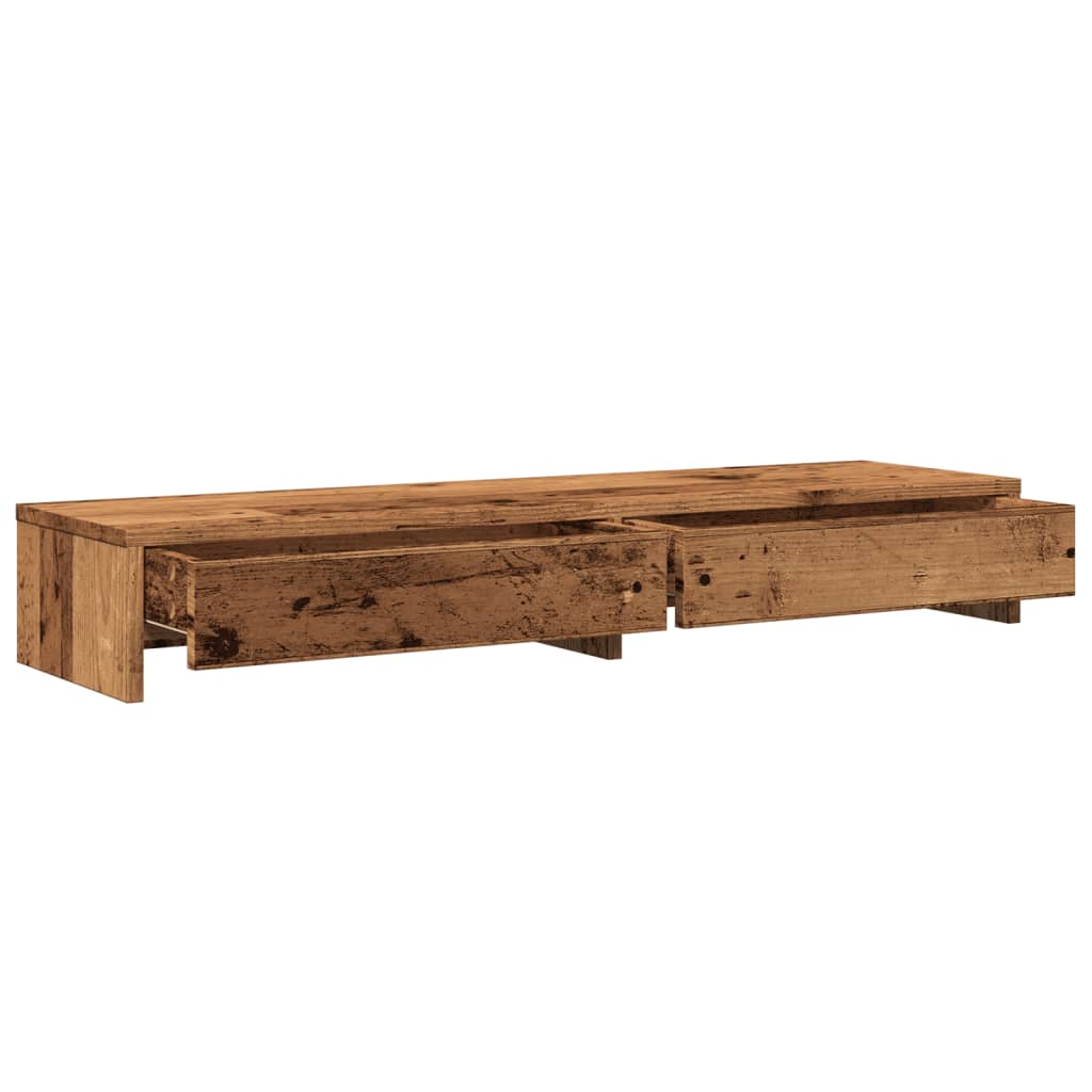 Dual Monitor Stand with Drawers Rustic Wood Look 100 X 27 X 15 Cm