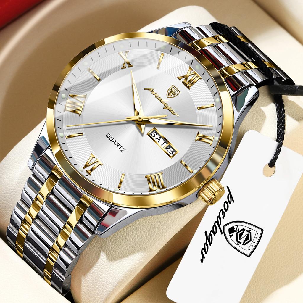 POEDAGAR Top Fashion Men Wristwatch Waterproof Luminous Week Date Quartz Male Clock Stainless Steel Business Men's Watches Reloj