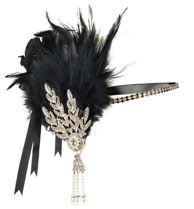 Women Vintage Feather Headband Black Rhinestone Beaded Sequin Hair Band Vintage Headpiece Flapper Feather Headdress