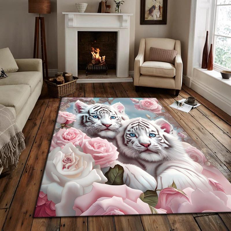 1Pcs White Tiger RosePattern Floor Mat Modern Kitchen polyester Rug Non-Slip Colorful Indoor Carpet, For Home Bathroom Bedroom Living Room Decor