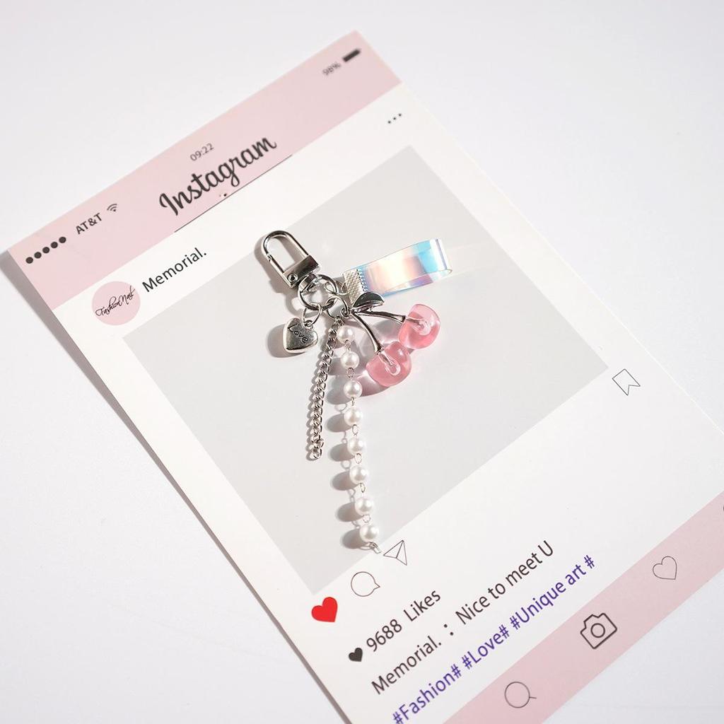 Cherry Bow Beaded Heart Bag Charm Keychain
