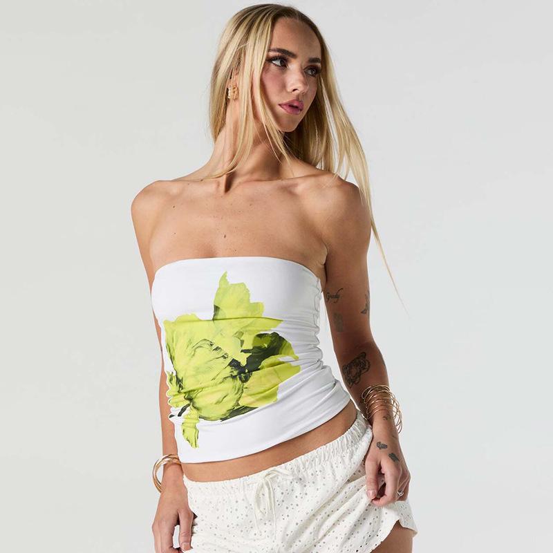 European & American Women's Floral Print Bandeau Top - Summer/Autumn, Sexy, Waist-Cinched, Cropped.