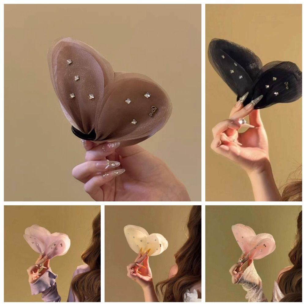Sweet Butterfly Petals Hair Claw Korean Style Women Hairgrips Rhinestone Mesh Shark Clip  Daily