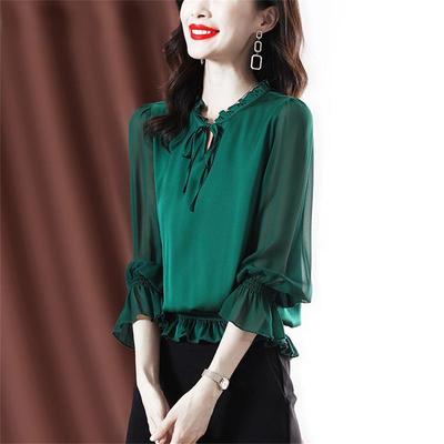 Elegant Women's Summer Blouses Casual Woman Tops Women Shirt Blouse Chiffon Chemise Femme Blusas Long Sleeve Top Female Green