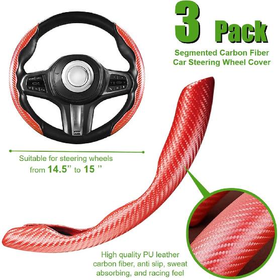 3 Pack Anti-Skid Segmented Carbon Fiber Car Steering Wheel Cover Protector Red