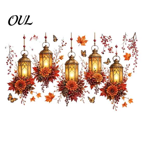 Static Cling Window Decals Autumn Maple Leaf And Lantern Sticker, Double Sided PVC Waterproof Harvest Theme Wall Stickers Decals, Removable