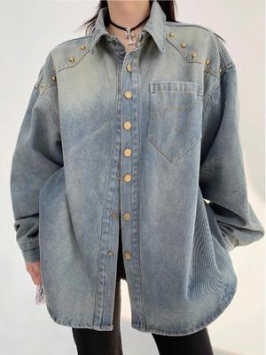 Trendy Loose-Fit Rivet Denim Shirt Jacket for Women - Autumn Collection
