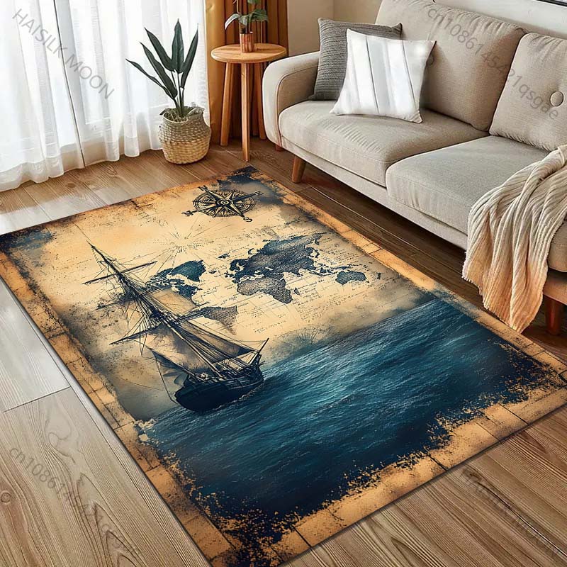Vintage Nautical Chart Print Carpet for Bedroom Living Room Bedside Sofa Floor Mat Modern Home Decor Area Rug Large Size