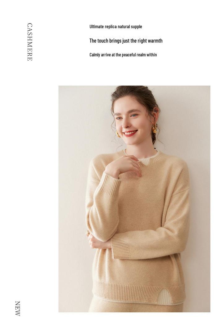 Women's Cashmere Color Block Slit Pullover: Autumn/Winter Thick Two-Piece Knitwear
