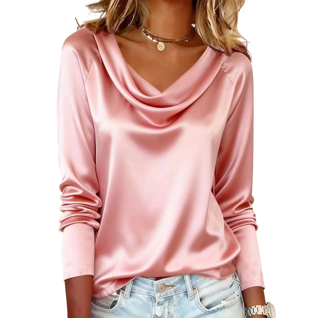 Fashionable Women's Versatile Long-sleeved Blouse With A Draped Neckline, Perfect For Spring Andcommuting.