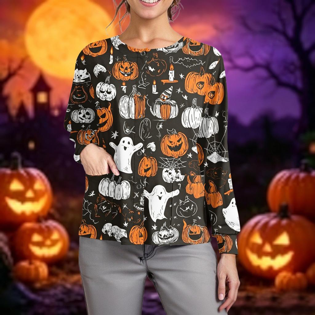Women's Halloween Print Long Sleeve Cardigan - Single-Breasted Button Front Casual Top for Fall Parties and Everyday Wear