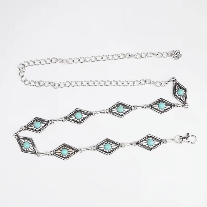 Boho Style Imitation Turquoise Carved Waist Chain for Women Versatile Retro Dress Decorative Metal Ethnic Waist Belt
