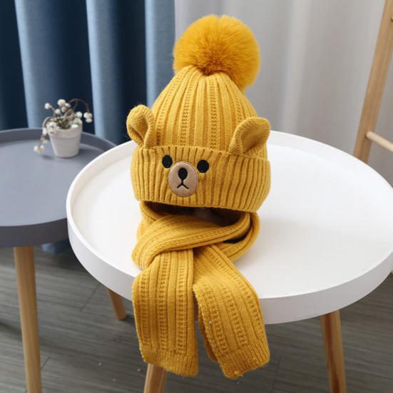 2Pcs/Set Children Hat Scarf Set Plush Ball Decor Bear Pattern Thickened Soft Touch Windproof Kids Knitting Hat Long Scarf Set