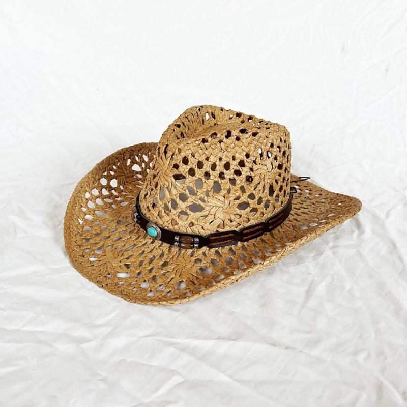 Ethnic Western Styles Natural Paper Straw Hat Sun Protection Rolled Brims Design For Beach Camping Outdoor Activities
