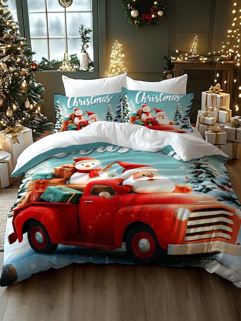 2/3pcs Christmas Tree, Gift, Snowflake, Deer, Santa Claus Pattern Digital Printing Brushed Duvet Cover Set, Soft & Comfortable