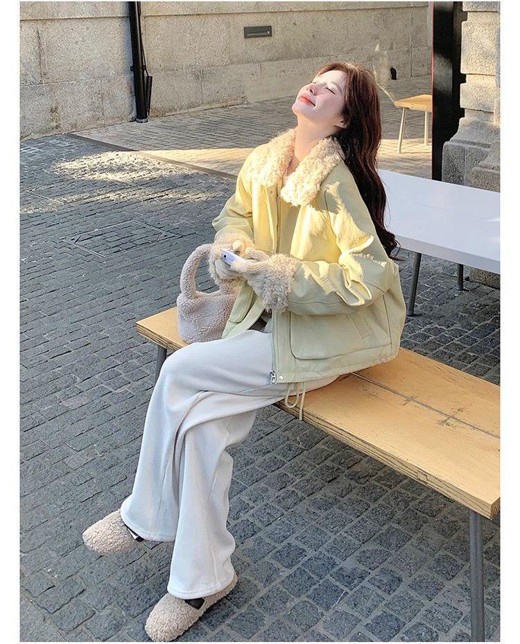 Beige Patchwork Lambswool Lapel Parka with Rabbit Fur - Women's New Winter 2025 Casual Jacket