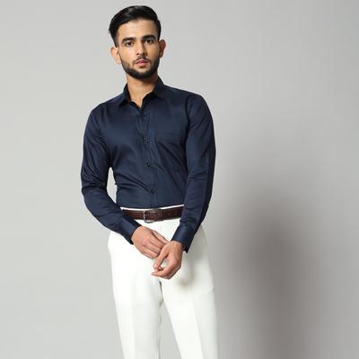 Men's Navy Blue Formal Cotton Satin Long Sleeve Shirt - 90% Combed Cotton 10% Satin