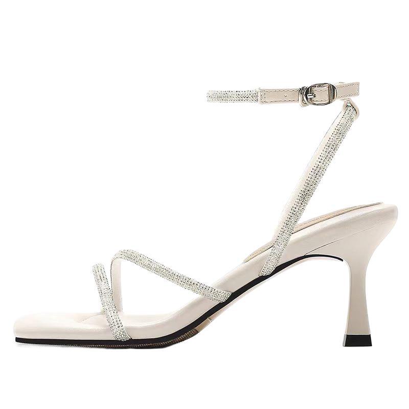 One-word high-heeled sandals with rhinestones for women to wear outside in the summer of 2025, and square-headed high-heeled shoes for women are 