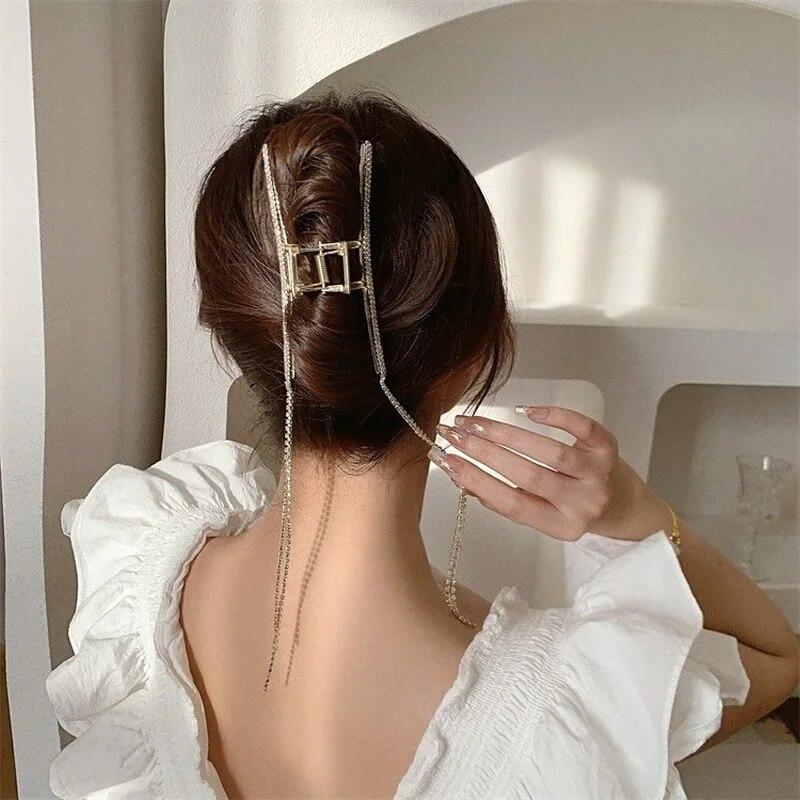 Geometric Crystal Rhinestones Long Tassel Hair Claw for Women Metal Large Hair Clip Women's Fashion Hairpins Hair Accessories