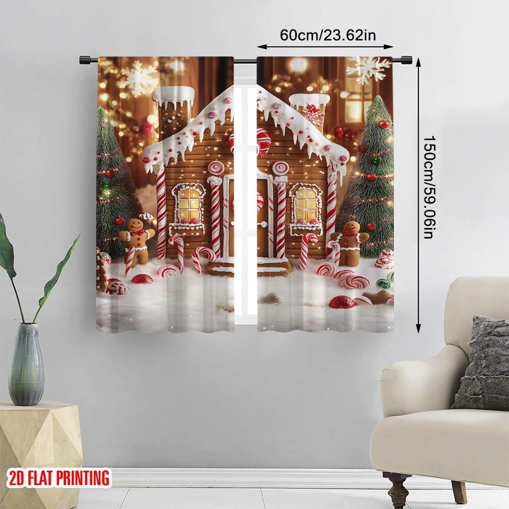 2 Stück 2D FlachdruckWeihnachts-Wintervorhänge Lebkuchenhaus Frohe Weihnachten Schnee Baum Heiligabend Party Schneeflocke Geeignet für Schlafzimmer