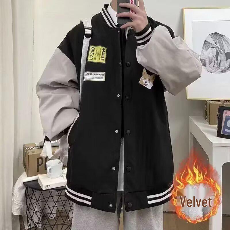 

Men s Autumn/Winter Color Block Korean Style Plus Velvet Baseball Jacket - Trendy Casual Sportswear XL