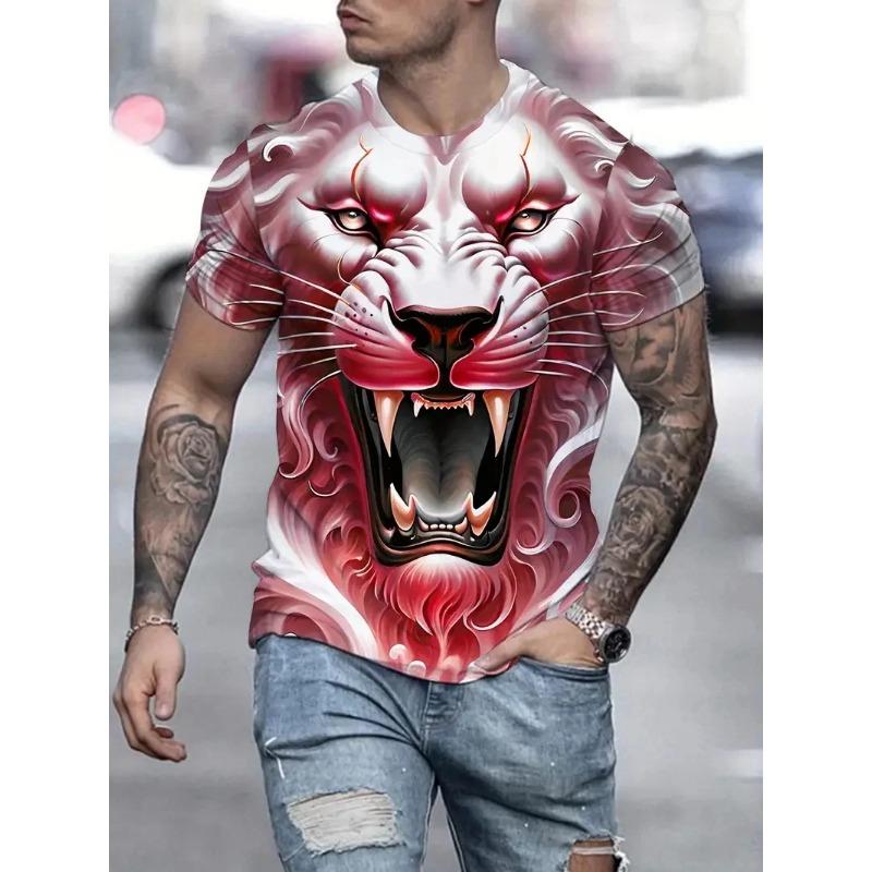 Summer Round Neck Animal Lion Pattern 3D Print Top Fashionable Casual Short Sleeved Men's T-shirts