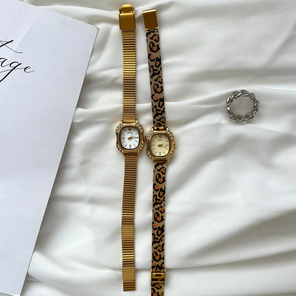 Retro Diamond-Encrusted Small Square Watch Female Style Exquisite Milan Mesh Belt Quartz Watch Leopard Print Watch