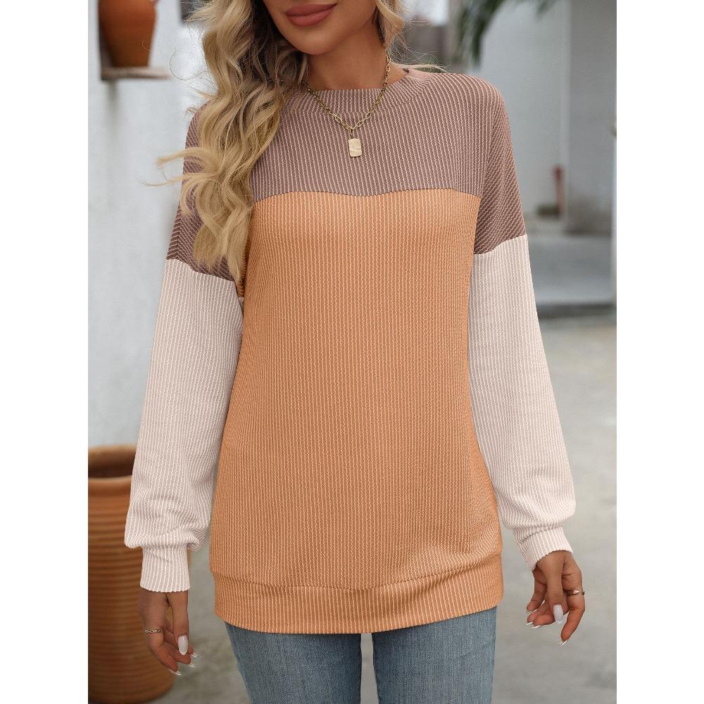 Spring and Autumn Round Neck Color blocked Long Sleeve Loose Women's T-shirts