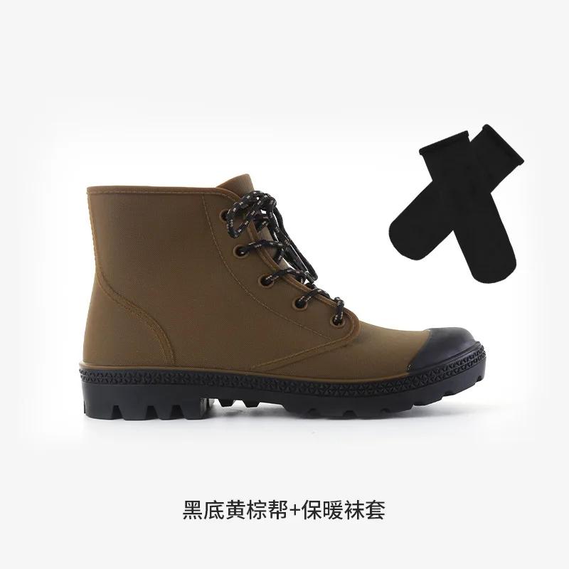 Fashion Winter Warm Rain Boots Men Fashion Lace-Up Motorcycle Outdoors Rain Boots Camping Fishing Shorts Shoes Waterproof Rain Women