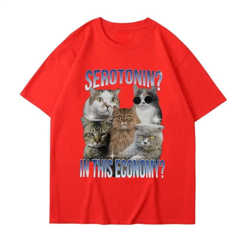 Serotonin In This Economy Funny Cat Meme TShirt Women Casual Trendy Short Sleeve T Shirt Streetwear Unisex Clothing Graphic Y2K