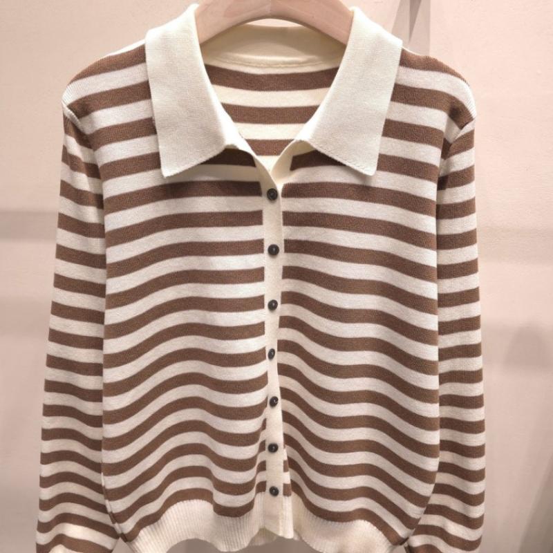 Shop Women S Collared Button Striped lS Knit Cardigan Black 21dS Wcd260094