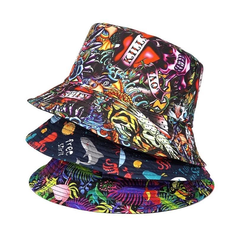 New printed bucket hat graffiti hat men and women outdoor sun hat summer double-sided basin hat tide