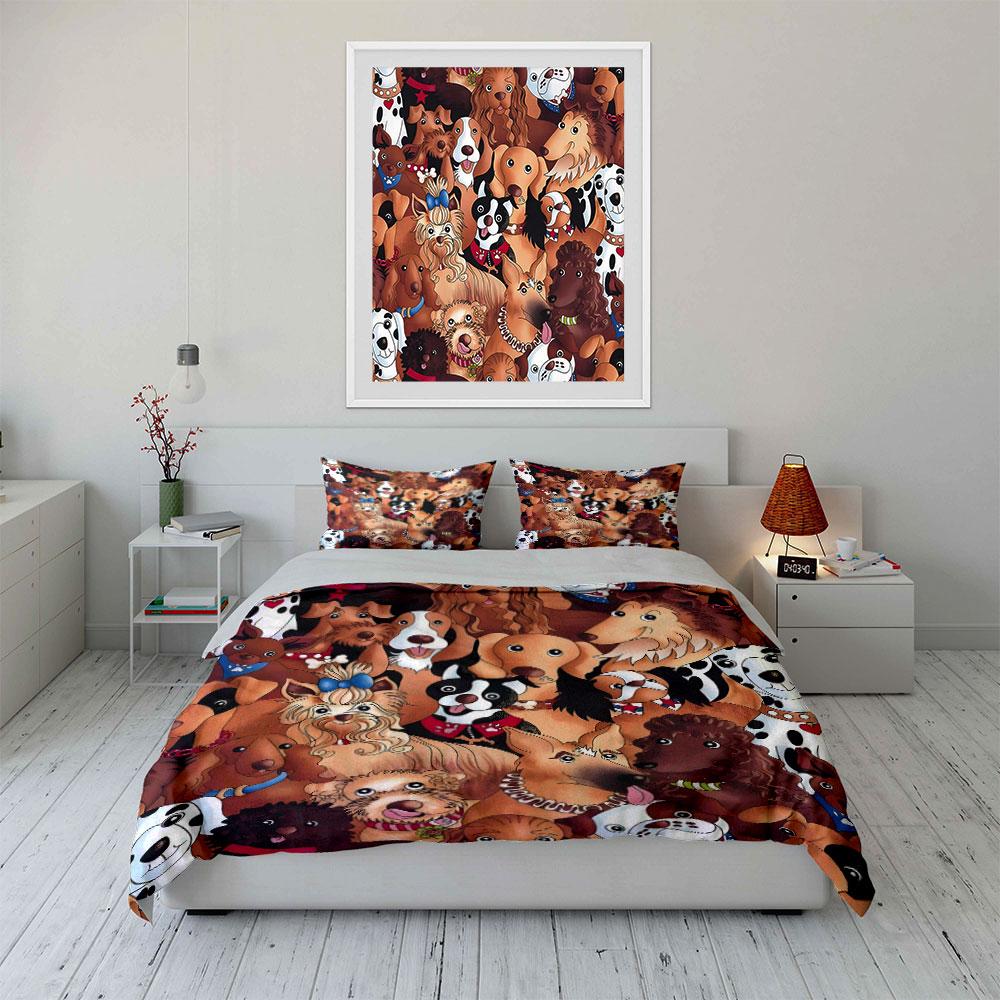 Cartoon Dog Print Home Decor Soft Skin-Friendly Bedding Set Includes 1 Duvet Cover And 2 Pillowcase Gift