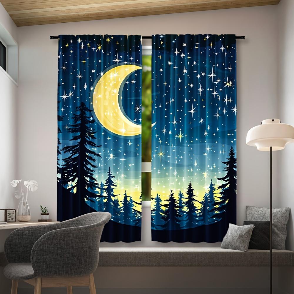 Set Of 2 Modern Semi Polyester Curtains Full Moon Starry Forest Night Sky Design Window Curtain With Rod Pocket Sheer Machine Washable