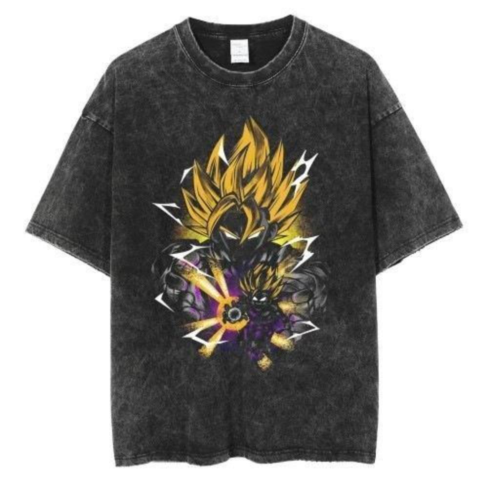 Trending Super Saiyan Vintage Washed Cotton Oversized T Shirt Anime Print Tee for Men Women