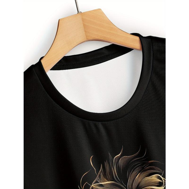 Men's Golden Line Lion 3D Printed T-Shirt Casual Short Sleeve Crewneck Top Cool Abstract Gold Silhouette Animal Graphic Tee Hip Hop Streetwear