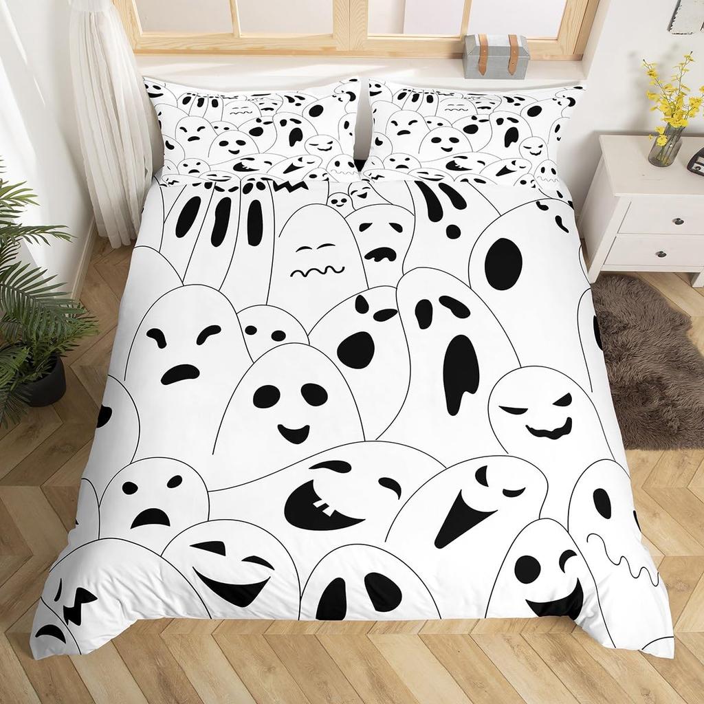 Cartoon Ghost Pink Duvet Cover Cute Black Cat Pet Animal Kitten Quilt Cover Happy Halloween Theme Bedding Set with 2 Pillowcases