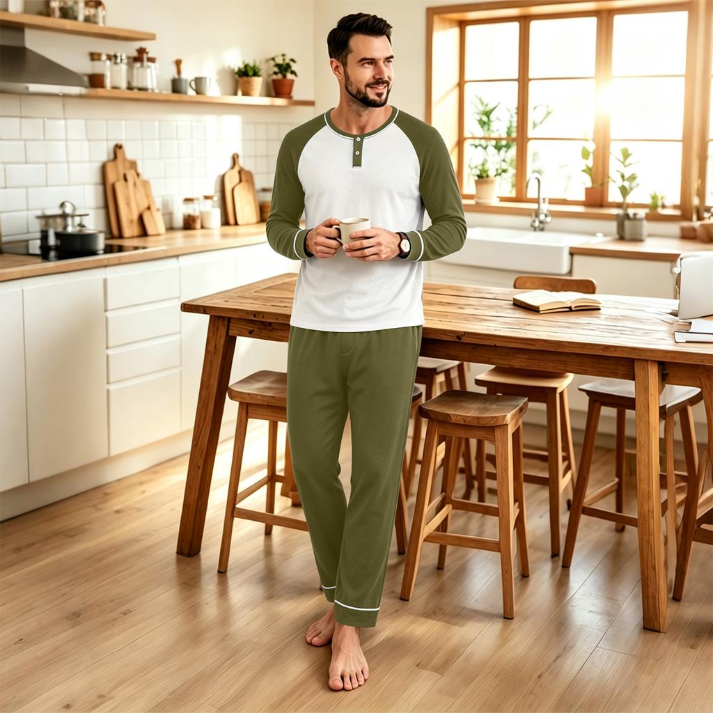 Men's Casual Loose Fit Raglan Sleeve Pajama Set for Sleep and