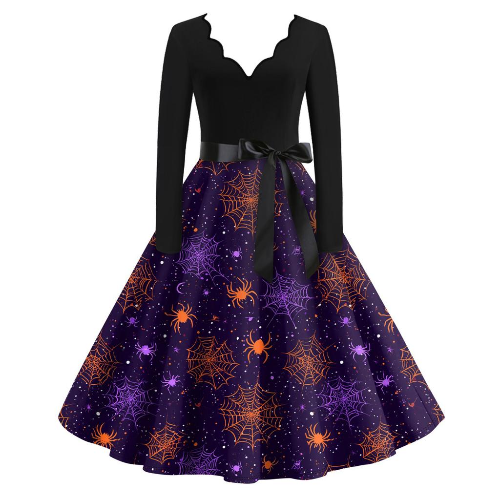 Damen Casual Fashion Langarm Halloween Grafik bedruckt Vintage Lange Kleider