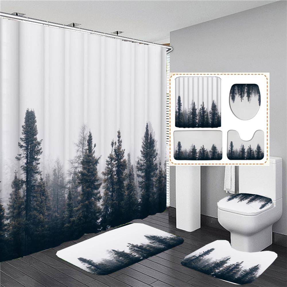 The Fog Of The Forest Landscape Shower Curtain Bathroom Accessories Partition Waterproof Polyester Bath Curtain Rugs And Mat Set