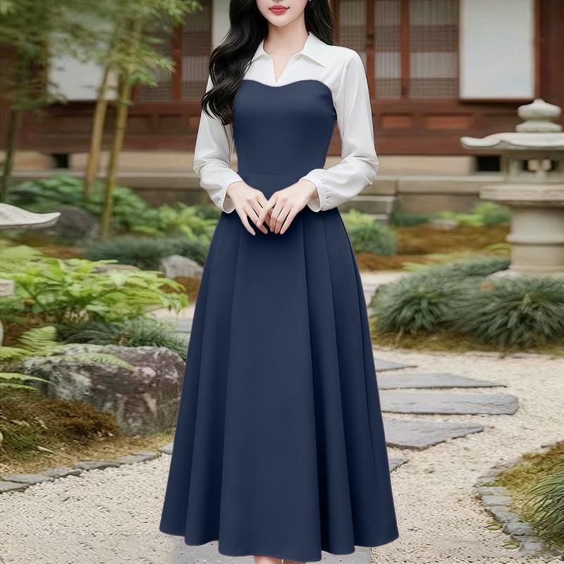 

ZANZEA Жіноча повсякденна сукня з латками, відкладним коміром та довгим рукавом 2XL темно-синього кольору